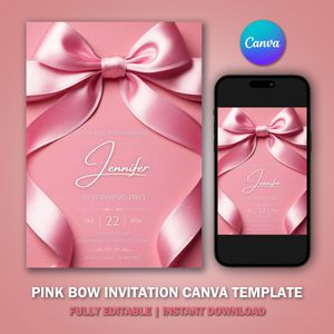 Pink Bow 1st Birthday Invitation Canvas Template V4