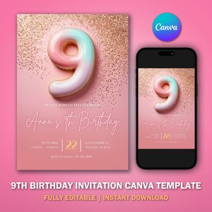 9th Birthday Invitation Template V1 for Glitter Birthday Party 