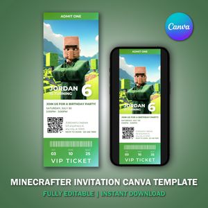 Minecrafter Ticket Invitation Canva Template V14 for Movie Party 