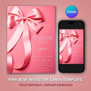 Pink Bow 1st Birthday Invitation Canvas Template V2 