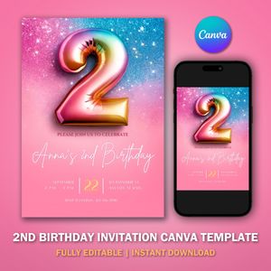 2nd Birthday Invitation Template V1 for Glitter Birthday Party 