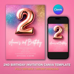 2nd Birthday Invitation Template V1 for Glitter Birthday Party 