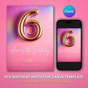 6th Birthday Invitation Template V1 for Glitter Birthday Party 