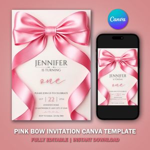 Pink Bow 1st Birthday Invitation Canvas Template V3