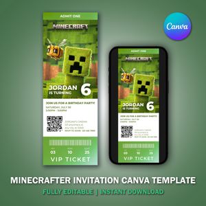 Minecrafter Ticket Invitation Canva Template V2 for Movie Party 