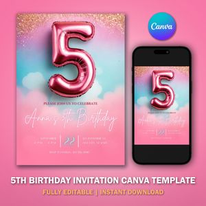 5th Birthday Invitation Template V1 for Glitter Birthday Party
