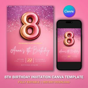8th Birthday Invitation Template V1 for Glitter Birthday Party 