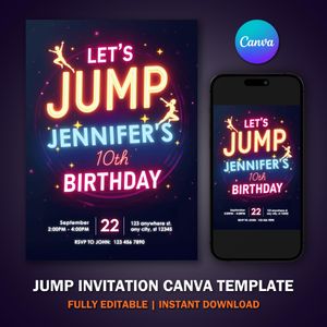 Jump Invitation Canva Template For Trampoline Party Bounce House Jump Party V3