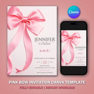 Pink Bow 1st Birthday Invitation Canvas Template V1 