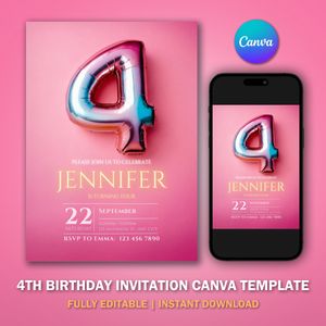 4th Birthday Invitation Template V3 for Glitter Birthday Party 