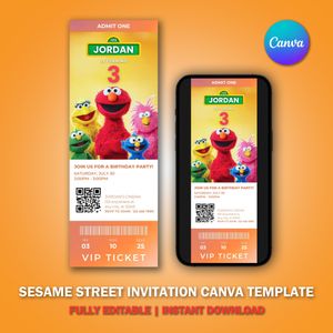 Sesame Street Ticket Invitation Canva Template V3 for Birthday Party 