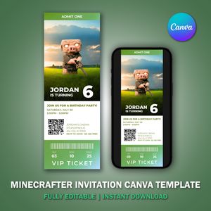 Minecrafter Ticket Invitation Canva Template V10 for Movie Party 