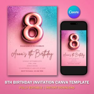 8th Birthday Invitation Template V2 for Glitter Birthday Party 