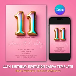 11th Birthday Invitation Template V2 for Glitter Birthday Party 
