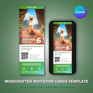 Minecrafter Ticket Invitation Canva Template V13 for Movie Party 