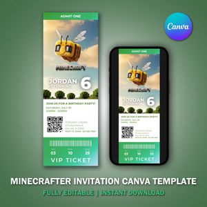 Minecrafter Ticket Invitation Canva Template V1 for Movie Party 