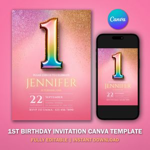1st Birthday Invitation Template V3 for Glitter Birthday Party 