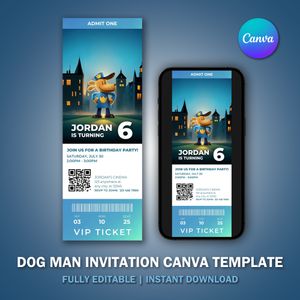 Dog Man Invitation Ticket V1 Canva Template for Birthday Party 