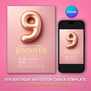 9th Birthday Invitation Template V3 for Glitter Birthday Party 