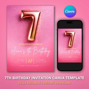 7th Birthday Invitation Template V1 for Glitter Birthday Party 