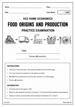 Key Stage 3 Food Origins and Production GCSE-style Exam Paper