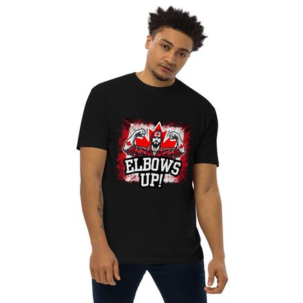 Men&#x27;s Premium Heavyweight Tee:  Elbows Up Canada (Male Character)