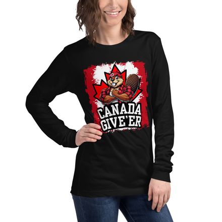 Unisex Long Sleeve Tee: Canada Give&#x27;er (Beaver Character)