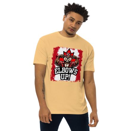 Men&#x27;s Premium Heavyweight Tee:  Elbows Up Canada (Beaver Character)