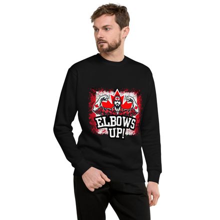 Unisex Premium Sweatshirt: Elbows Up Canada (Male Character)