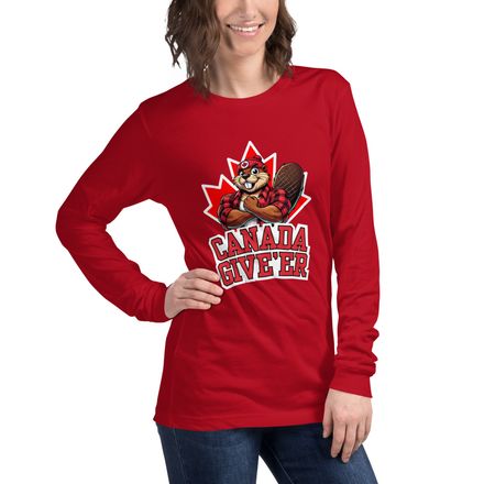 Unisex Long Sleeve Tee: Canada Give&#x27;er (Beaver Character B2)