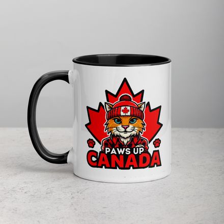 White Ceramic Mug with Coloured Accent: Paws Up Canada (Cat Character)