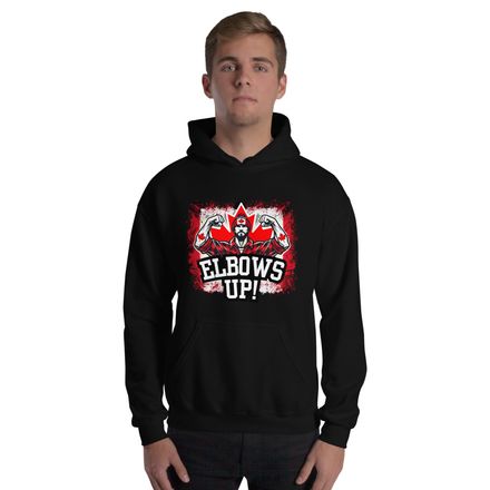 Unisex Heavy Blend Hoodie: Elbows Up Canada (Male Character)