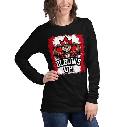 Unisex Long Sleeve Tee: Elbows Up Canada (Beaver Character)