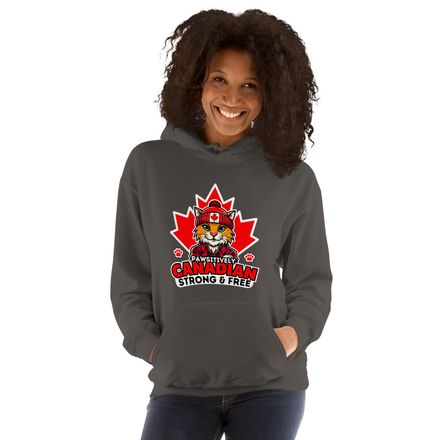 Unisex Heavy Blend Hoodie: Pawsitively Canadian Strong and Free (Cat Character Design B)