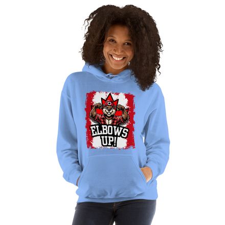 Unisex Heavy Blend Hoodie: Elbows Up Canada (Beaver Character)