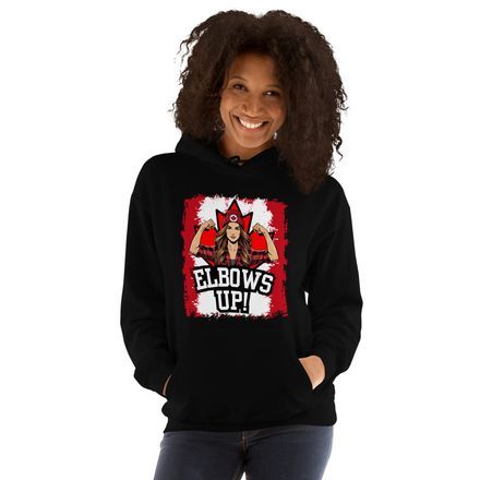 Unisex Heavy Blend Hoodie: Elbows Up Canada (Female Character)