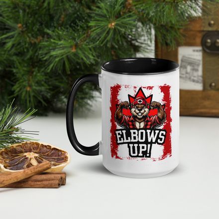 White Ceramic Mug with Coloured Accent: Elbows Up Canada (Beaver Character)