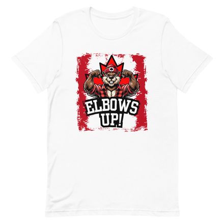 Unisex Staple T-Shirt: Elbows Up Canada (Beaver Character)