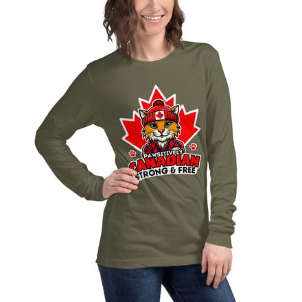 Unisex Long Sleeve Tee: Pawsitively Canadian Strong &amp; Free (Cat Character B)