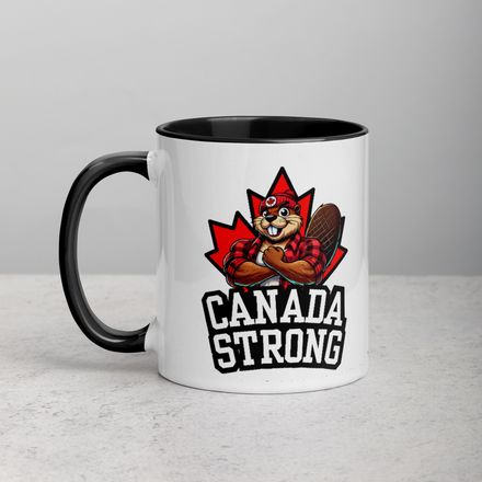 White Ceramic Mug with Coloured Accent: Canada Strong (Beaver Character B)