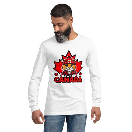 Unisex Long Sleeve Tee: Paws Up Canada (Cat Character)