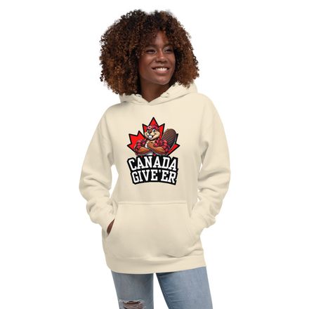 Unisex Premium Hoodie: Canada Give&#x27;er. (Beaver Character B)