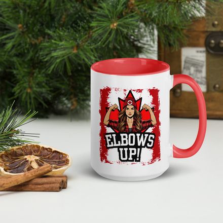 White Ceramic Mug with Coloured Accent: Elbows Up Canada (Female Character)