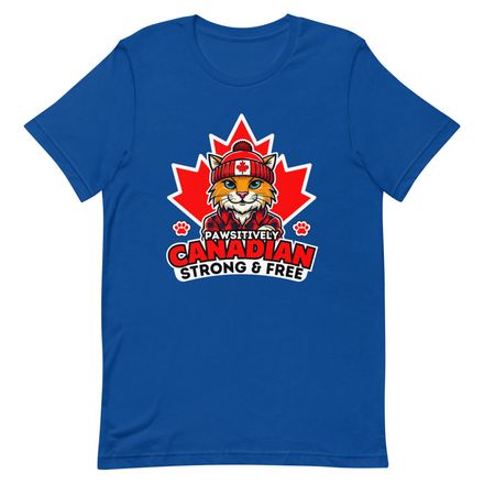 Unisex Staple T-Shirt: Pawsitively Canadian Strong and Free (Cat Character B)
