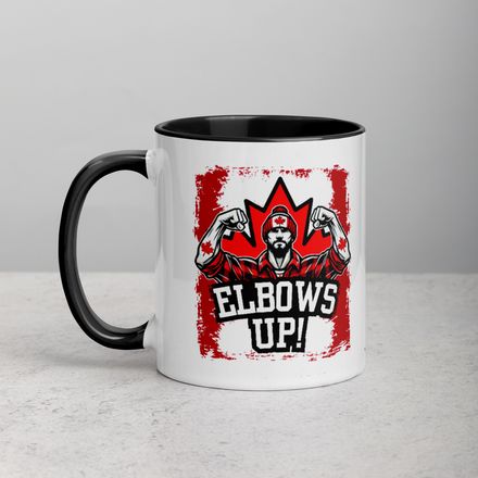 White Ceramic Mug with Coloured Accent: Elbows Up Canada (Male Character)