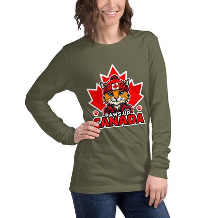 Unisex Long Sleeve Tee: Paws Up Canada (Cat Character B)