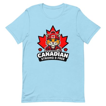 Unisex Staple T-Shirt: Pawsitively Canadian Strong and Free (Cat Character)