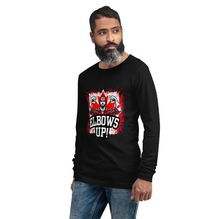 Unisex Long Sleeve Tee: Elbows Up Canada (Male Character)