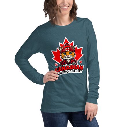 Unisex Long Sleeve Tee: Pawsitively Canadian Strong &amp; Fluffy (Cat Character B)