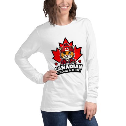 Unisex Long Sleeve Tee: Pawsitively Canadian Strong &amp; Fluffy (Cat Character)